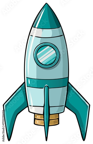 Illustration of a Teal Cartoon Rocket Ship Flying into Space with Stripes and a Porthole