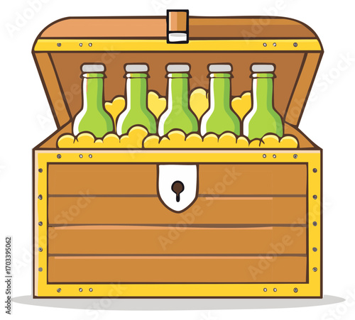 Classic wooden treasure chest filled with sparkling gold coins and refreshing green bottles