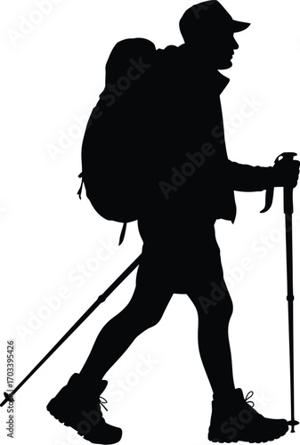 Hiker with backpack and poles silhouette trekking poles