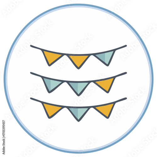 Festive celebration decor featuring strings of colorful party pennant flags, celebration party vector graphic icon, simple colorful design