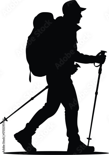 Silhouette hiker with backpack and poles trekking poles