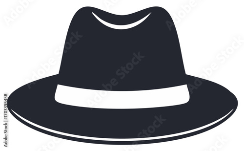 A stylish dark trilby hat with a light band accents the brim in a simple fashion design illustration