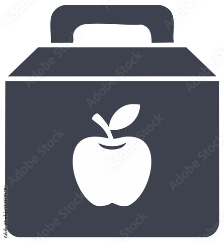 Simple graphic of a dark lunchbox with a white apple symbol on the front