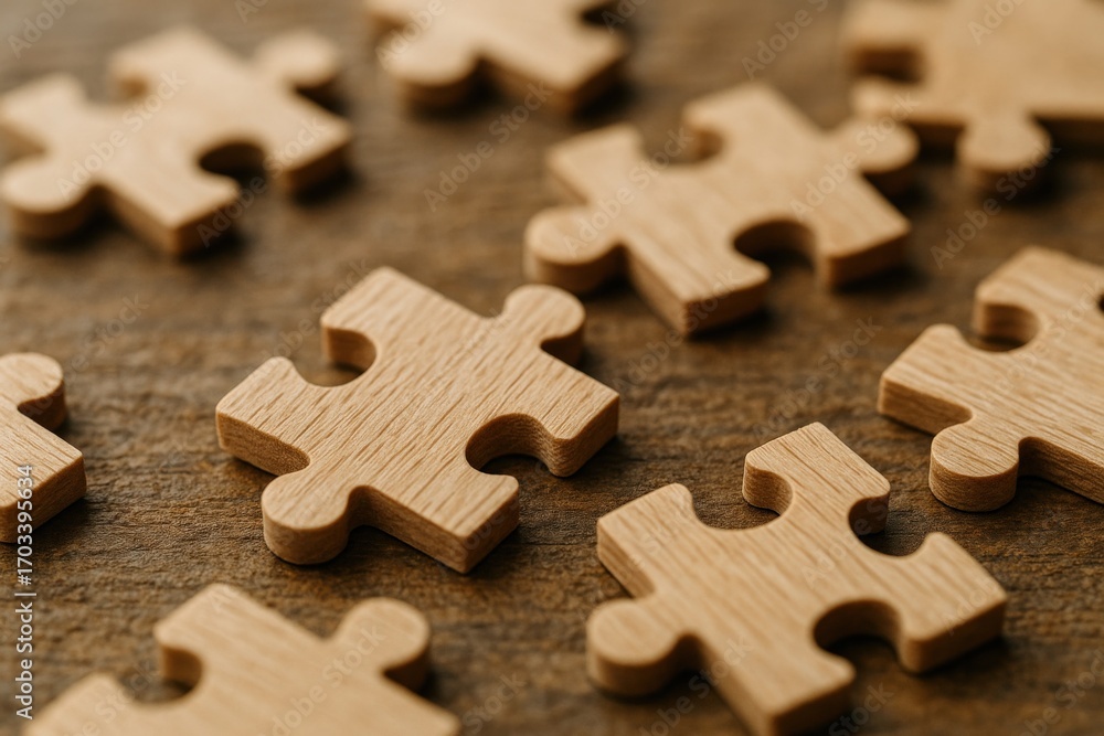 Fototapeta premium Wooden Puzzle Pieces Scattered on a Tabletop, Representing Strategy, Solutions, and Interconnectedness in Business