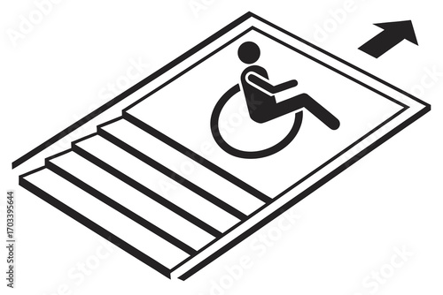 Accessible Ramp and Stairs Symbol with Upward Arrow.