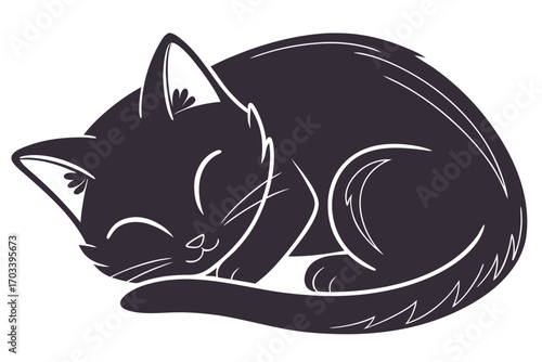 Adorable Black Cat Sleeping Curled Up.