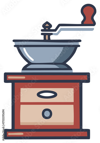 Illustrated Manual Coffee Grinder atop Table with Two Drawers in Kitchen Setting