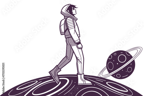 Astronaut walking on alien planet with rings.