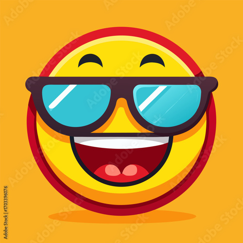 Smiling yellow face wearing sunglasses expressing coolness confidence and fun, Smiling Face with Sunglasses