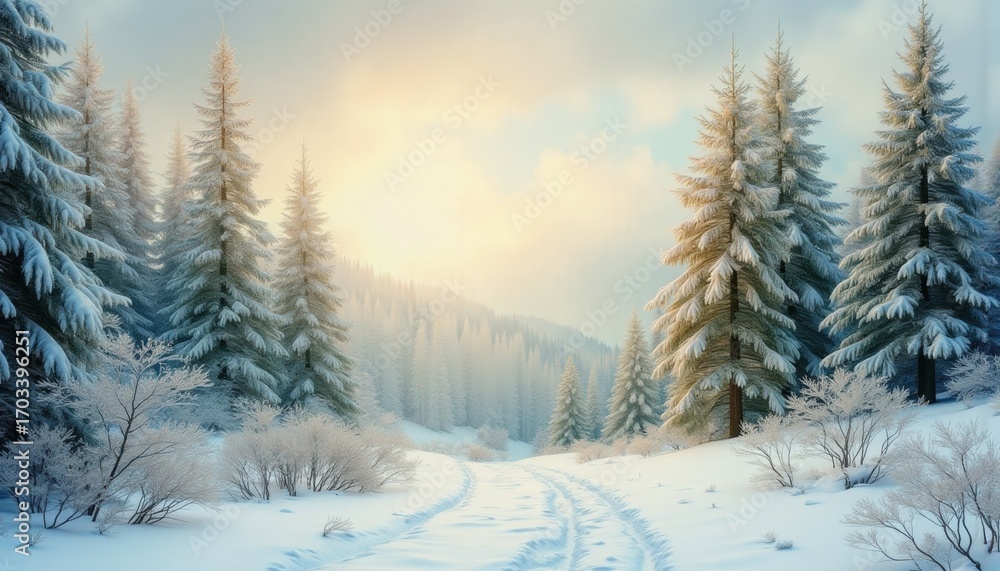 Naklejka premium A winter landscape with a snow-covered path surrounded by fir trees and bushes. A majestic mountain range can be seen far away, creating an atmosphere of tranquility and tranquility.