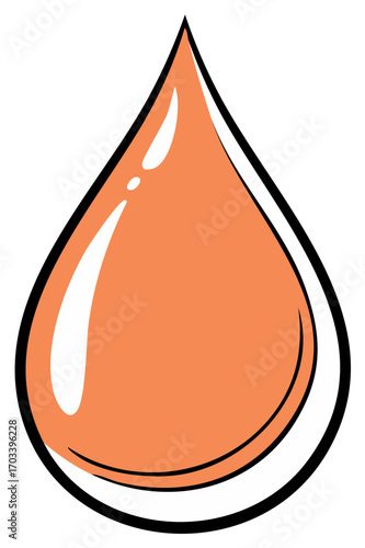 Orange liquid drop with reflection of light and black outline on white background