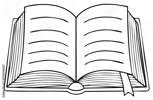 Open book with blank pages and bookmark, line art drawing