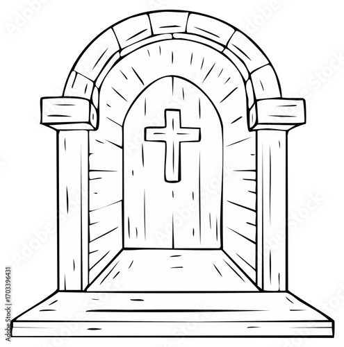 Hand-drawn Stone Archway Shrine with Christian Cross Inside, Black and White Illustration