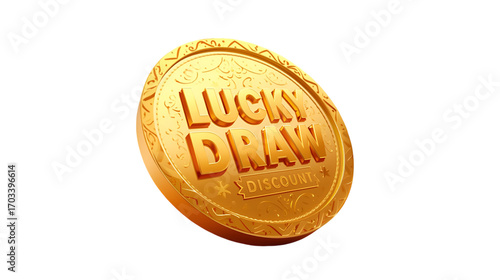 Golden lucky draw coin with embossed text on a black background
