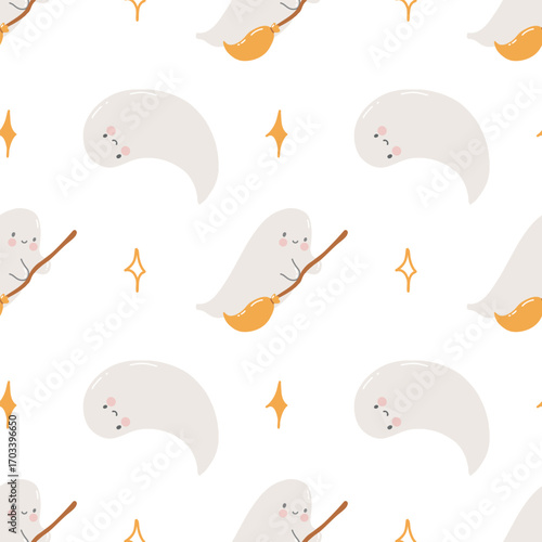 Halloween pattern with cute little ghosts on broomsticks and stars. Seamless autumn pattern with hand drawn funny ghosts on white background. Cute cozy childrens background for Halloween. Pastel