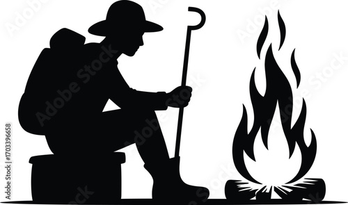 Silhouette of person with backpack by campfire vector