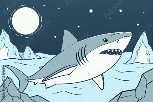 Cartoon Shark Swimming Among Icebergs.