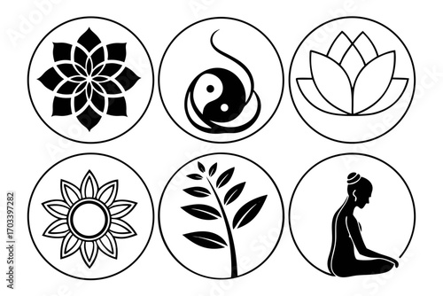 Collection of Six Circular Icons Representing Nature and Spirituality.