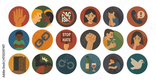 Anti Violence and Human Rights Icon Set – Flat Vector Collection of Protest, Equality, Freedom, Peace, Stop Hate, and Social Justice Symbols in Minimalist Design