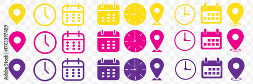 Address time date icons set. Address location icon. Clock icon. Calendar icon. Time, date and address icon set. Modern flat style, perfect for apps, maps, schedules, and business use. Vector Eps 10