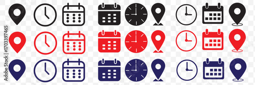 Address time date icons set. Address location icon. Clock icon. Calendar icon. Time, date and address icon set. Modern flat style, perfect for apps, maps, schedules, and business use. Vector Eps 10