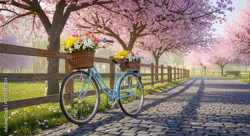 Wallpaper Mural Blue Bicycle with Floral Baskets on Cobblestone Path Under Pink Blossoms Torontodigital.ca