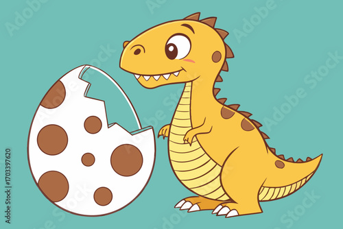 Cute cartoon baby dinosaur hatching from egg.