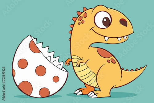 Cute cartoon dinosaur hatching from spotted egg.