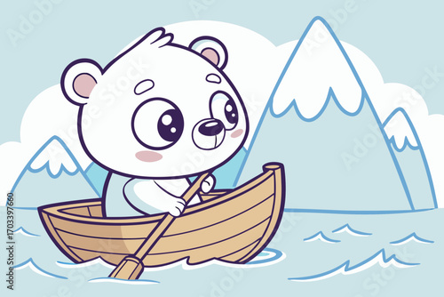 Cute polar bear rowing a boat.