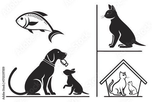 Diverse Animal Silhouettes Fish Dogs and Cats.