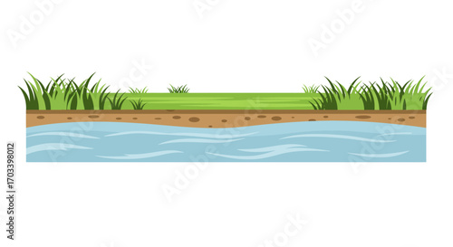 Cartoon Illustration of a Riverbank with Grass and Water.