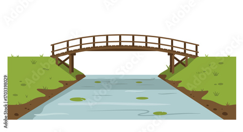 Cartoon Illustration of a Wooden Bridge Over a River.