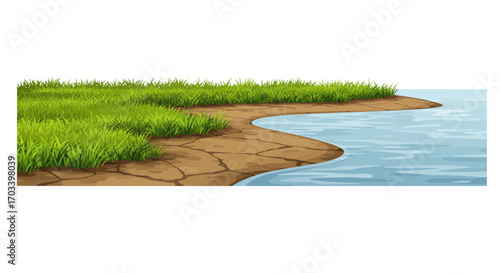 Cartoon Landscape Grassy Bank Meets Calm Water.