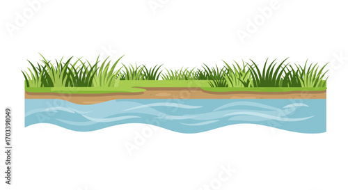 Cartoon Riverbank with Green Grass and Flowing Water.