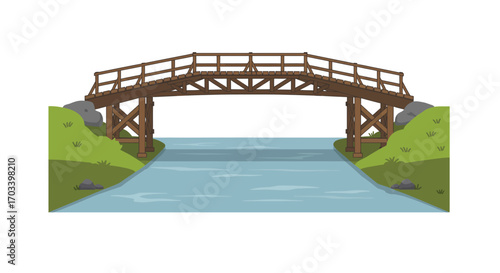 Rustic Wooden Bridge Spanning a Calm River with Green Banks.