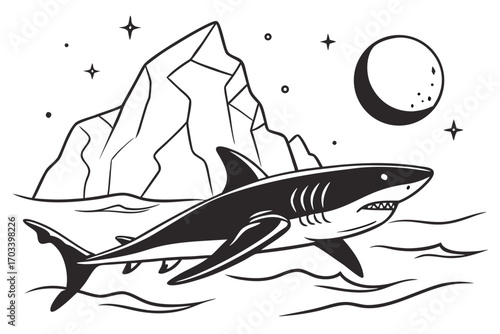 Fierce Shark Swimming Under Moonlit Mountains.