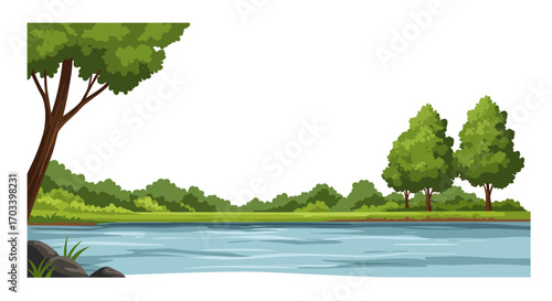 Serene Lakeside Landscape with Lush Greenery and Calm Water.