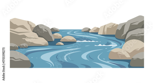 Serene River Flowing Between Rocky Banks Illustration.