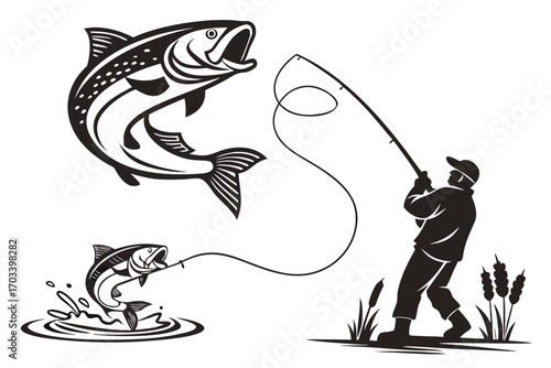 Fisherman Catches Jumping Trout Fish.