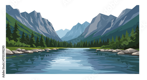 Serene Mountain Lake Landscape with Evergreen Trees and Rocky Shoreline.