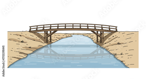 Simple Wooden Bridge Over a Calm River Illustration.