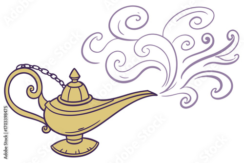 Golden Genie Lamp Releasing Swirling Smoke.