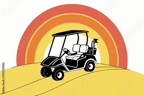 Golf Cart Driving on Sunny Golf Course.