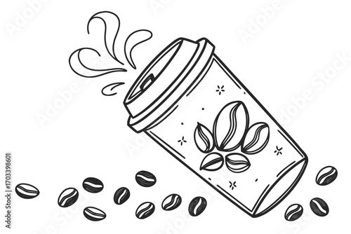 Handdrawn Coffee Cup with Beans and Splash.