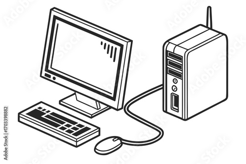 Isometric Line Art Desktop Computer Setup.
