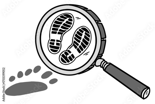 Magnifying Glass Inspecting Footprints and Shoe Prints.