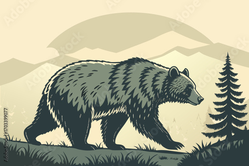 Majestic Bear Roaming Through a Stylized Forest Landscape.