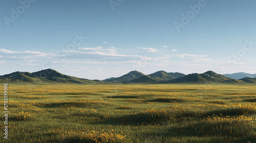 Vast grassy plains stretch towards a line of low mountains under a partly cloudy sky.