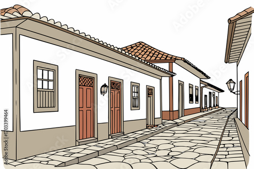 Old Cobblestone Street with Colonial Buildings.