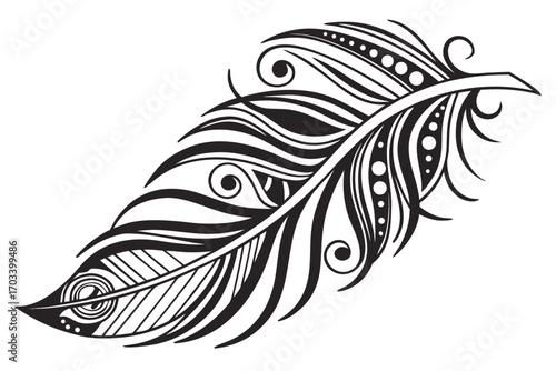 Ornate Black Feather Tribal Design Element.